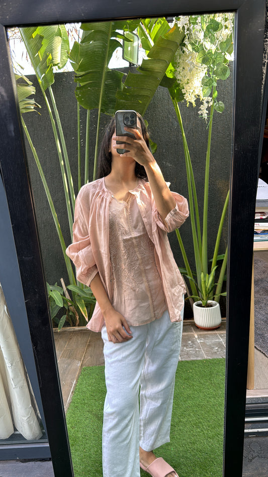 Blush pink shirt & embroidered slip top