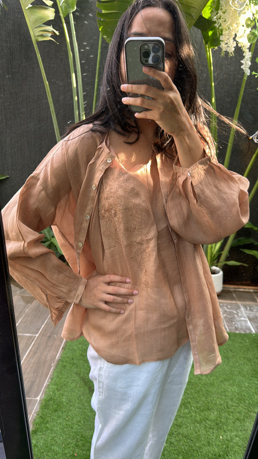 Honey brown shirt & embroidered slip top