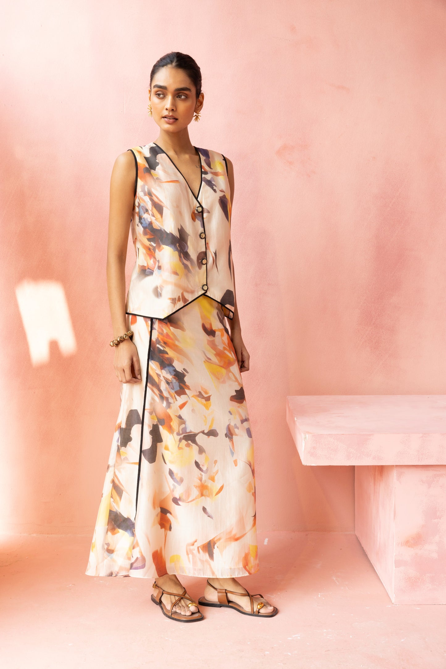 Abstract Waistcoat Skirt Set