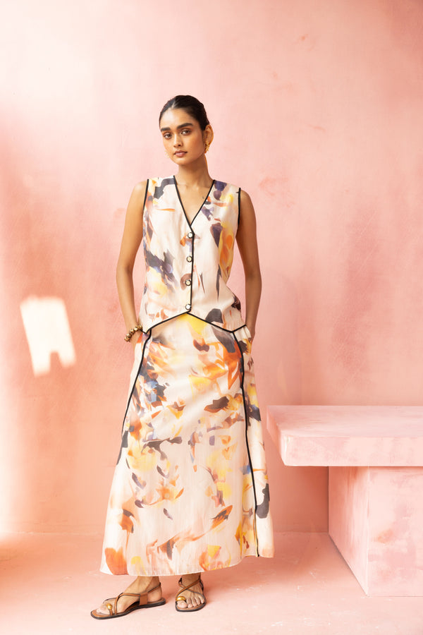 Abstract Waistcoat Skirt Set