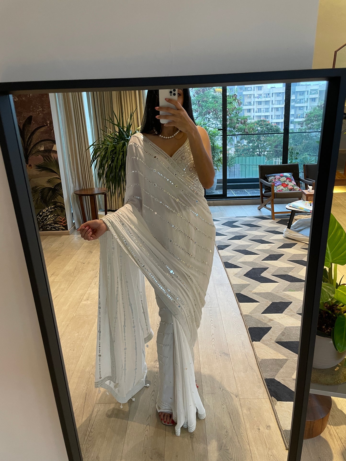 WHITE MIRRORWORK SAREE