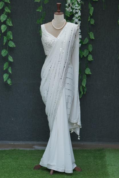 White Mirrorwork Saree