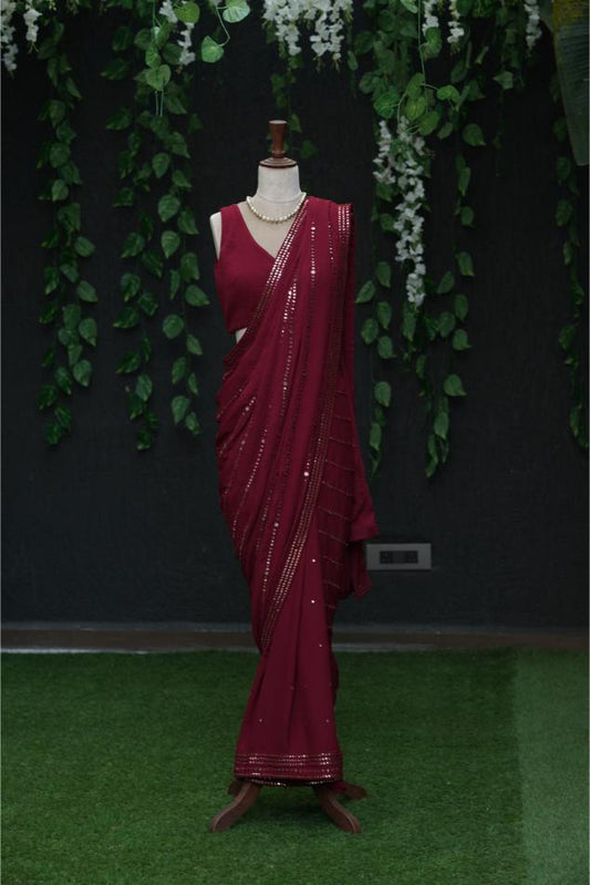 Maroon Mirror Work Saree