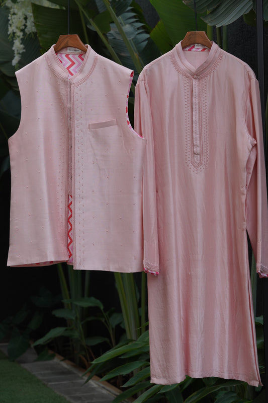 Pink Bandi + Kurta (Men's Wear Embroidered Kurta)