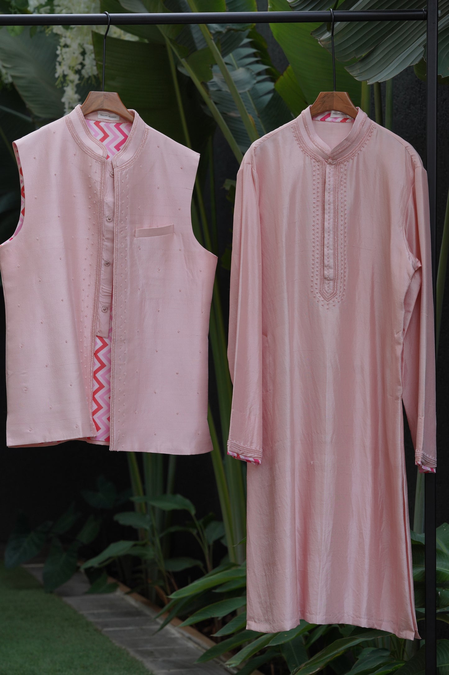 Pink Bandi + Kurta (Men's Wear Embroidered Kurta)