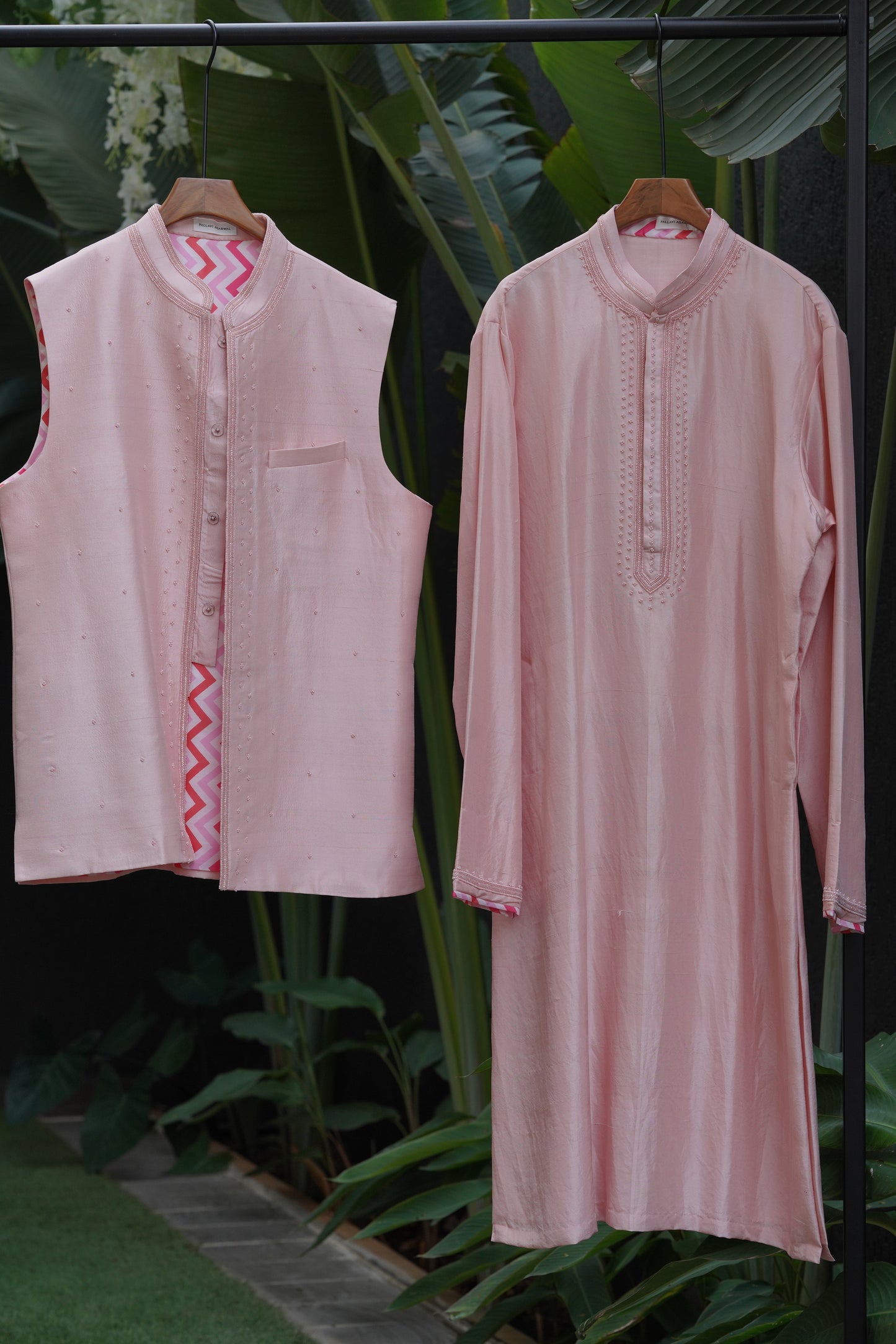 Pink Bandi + Kurta (Men's Wear Embroidered Kurta)