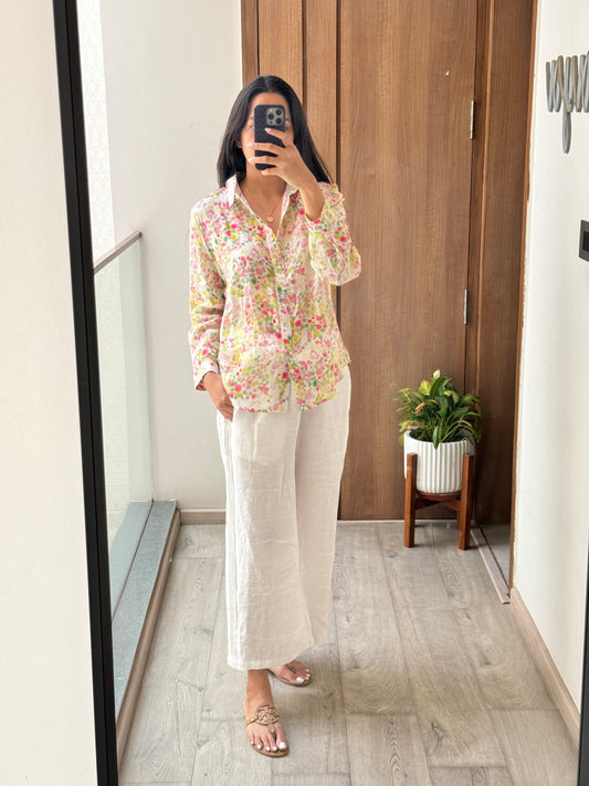 Multicolored polka shirt & White side pleates pant