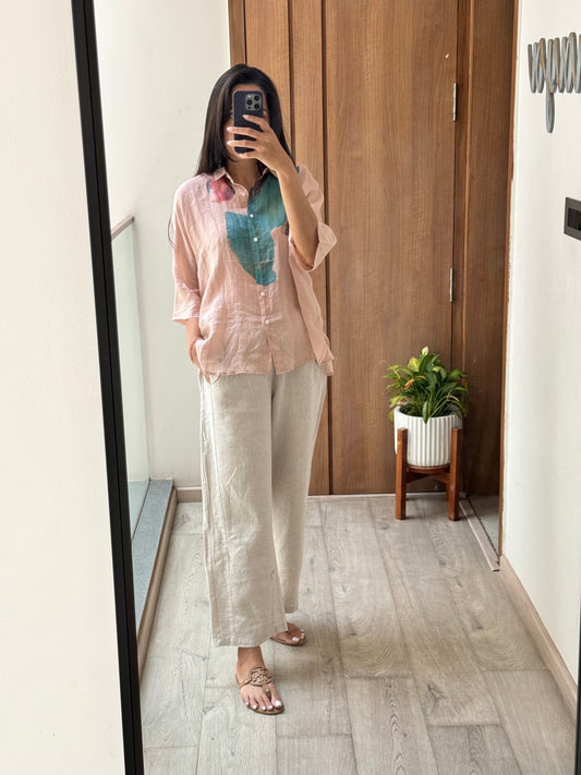 Pink Drop Shoulder Shirt & Beige Button Pants