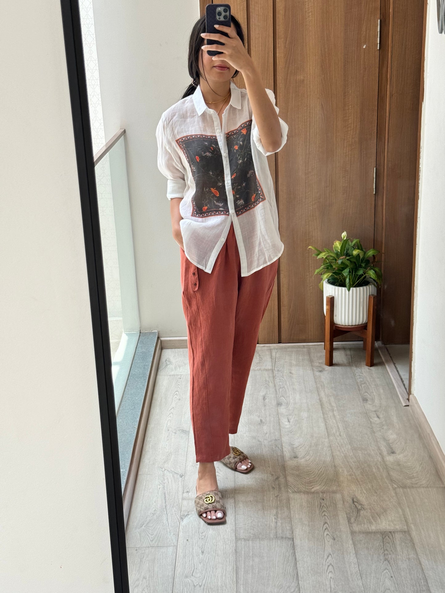 White square print shirt & Rust pants