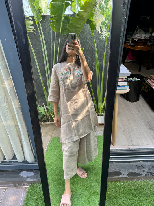 Beige embroidered kurta pant