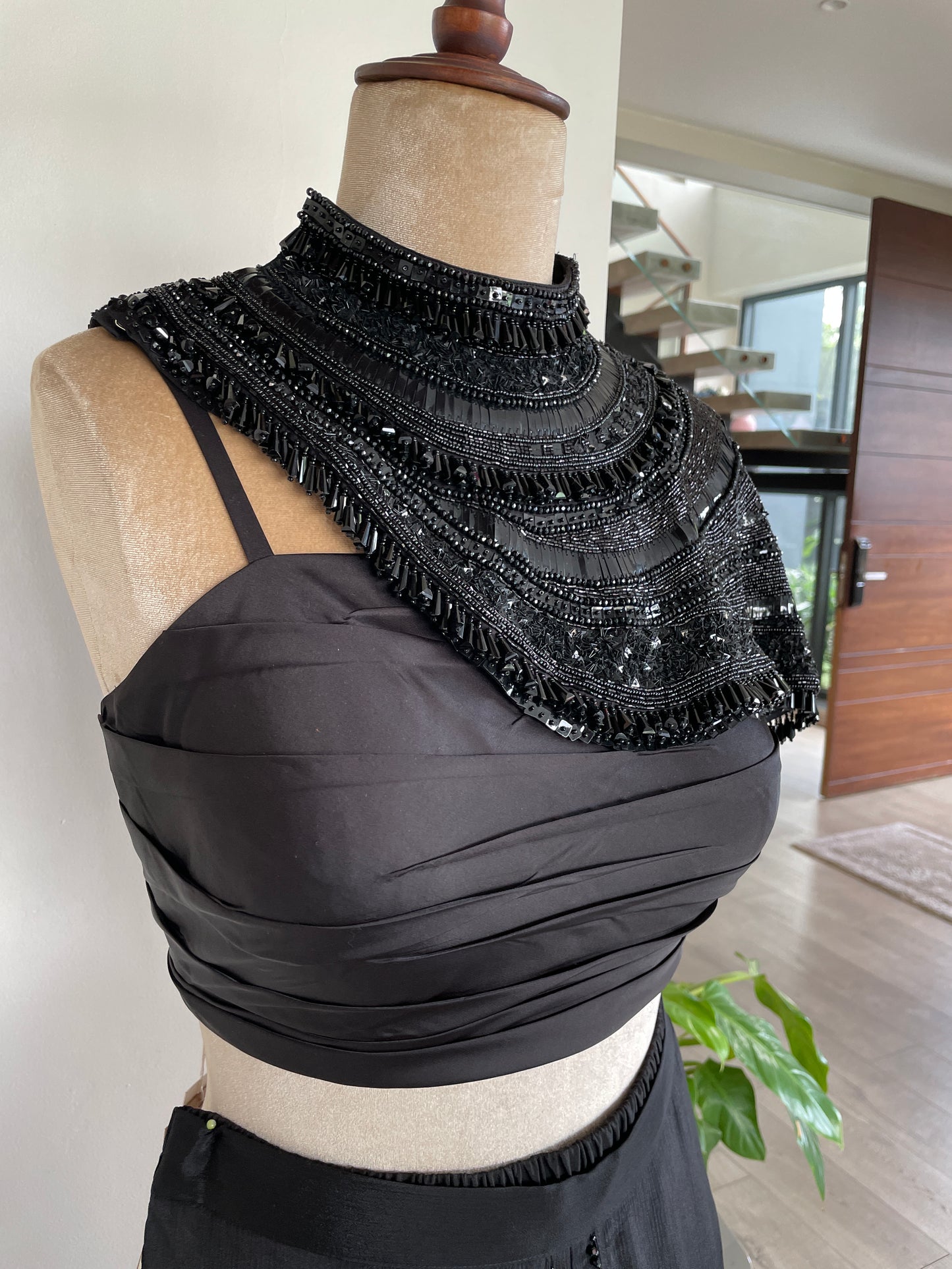 EMBROIDERED NECK PIECE BLACK 
BUSTIER WITH DRAPE SKIRT