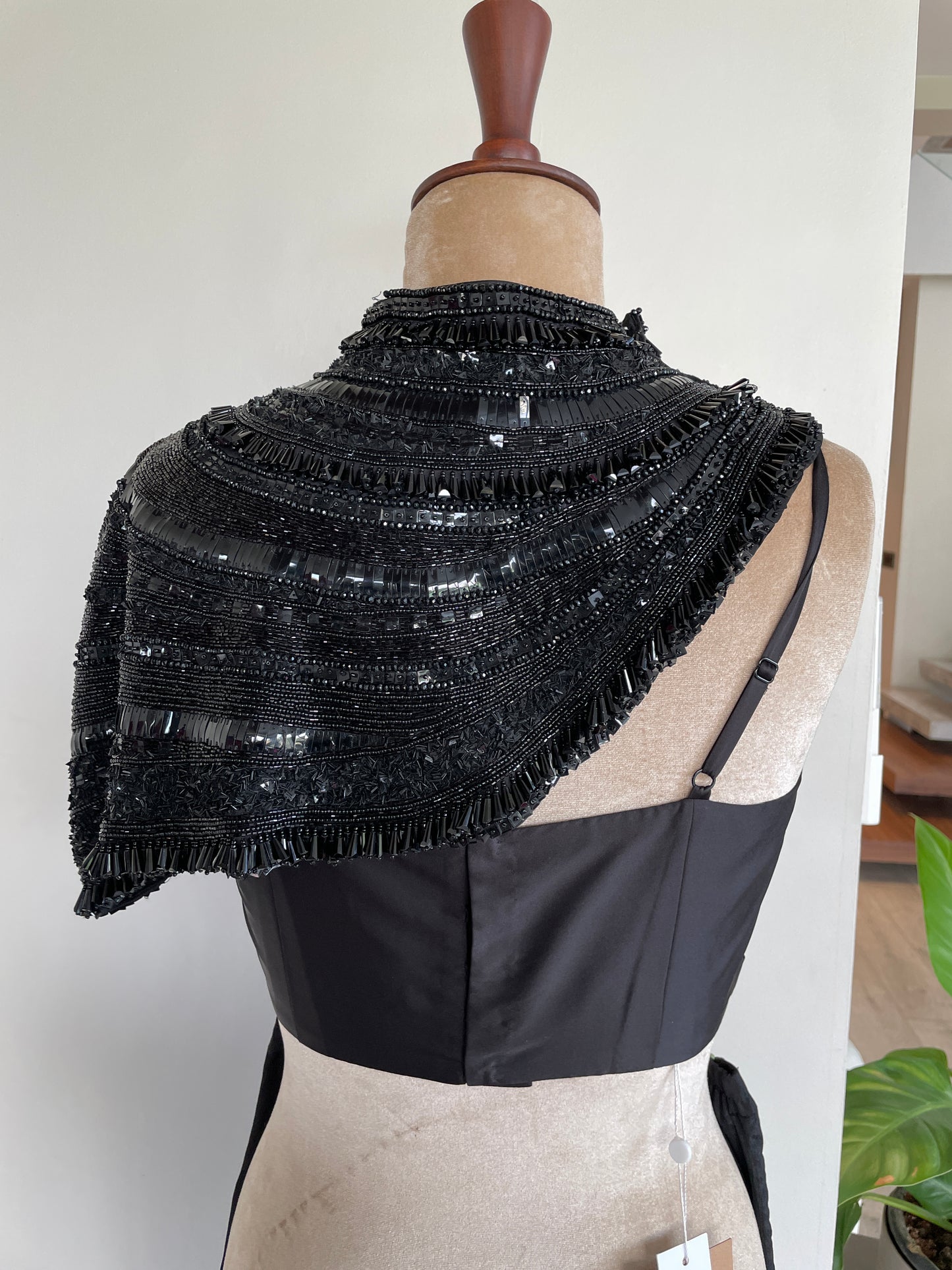 EMBROIDERED NECK PIECE BLACK 
BUSTIER WITH DRAPE SKIRT