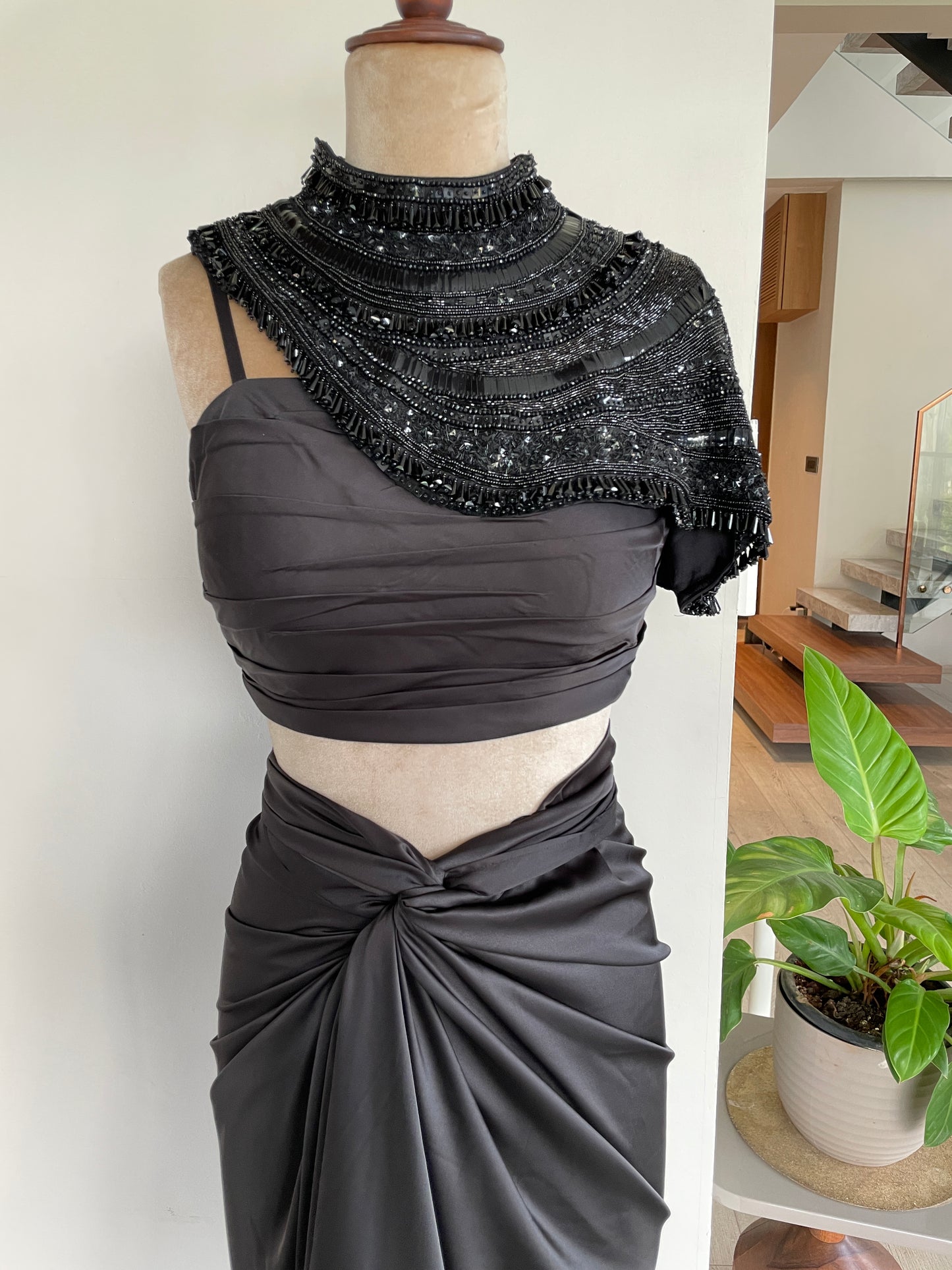 EMBROIDERED NECK PIECE BLACK 
BUSTIER WITH DRAPE SKIRT