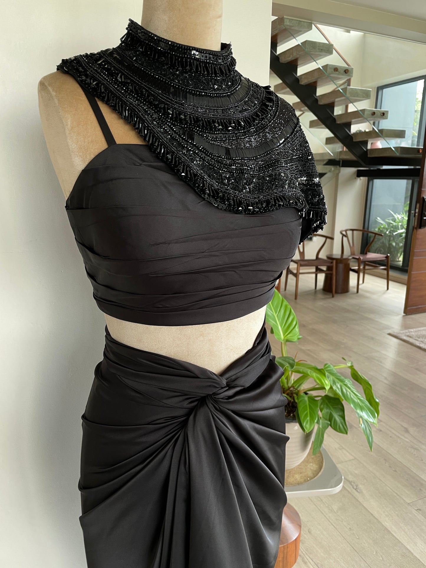 EMBROIDERED NECK PIECE BLACK 
BUSTIER WITH DRAPE SKIRT