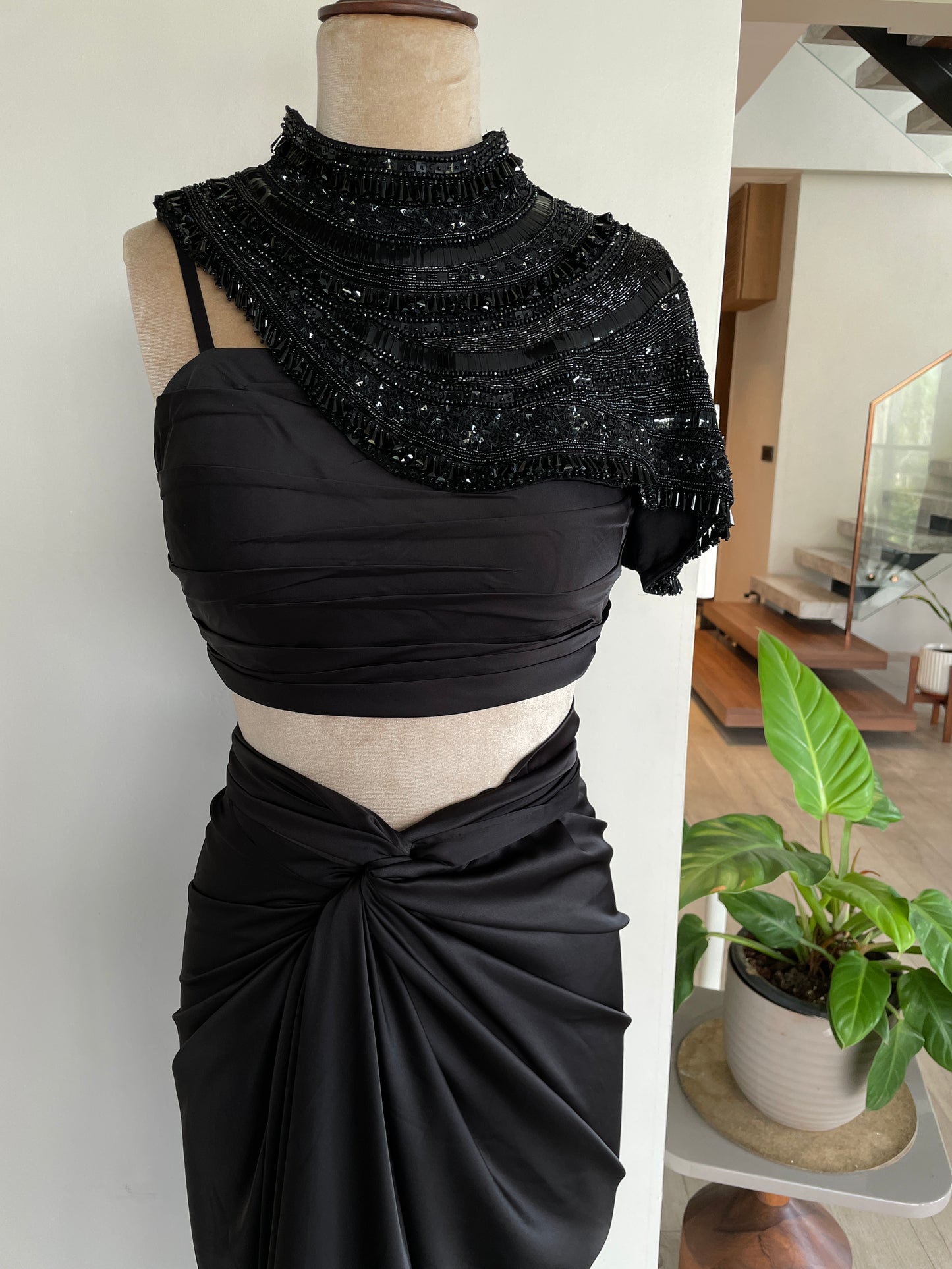 EMBROIDERED NECK PIECE BLACK 
BUSTIER WITH DRAPE SKIRT