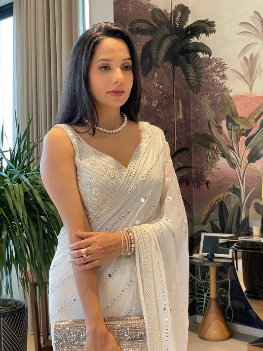 WHITE MIRRORWORK SAREE